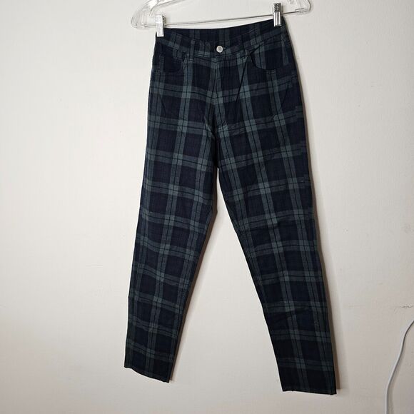 Brandy Melville John Galt Blue Green Plaid High Waist Zip Button Trouser Pant SM - Picture 3 of 6